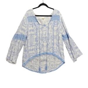 Surf Gypsy Boho Womens Shirt Size Medium Bell Sleeve Paisley Tassel Blue Vintage